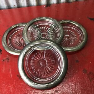 Set of 4 Vintage Leonard Silver Plated Glass Starburst Coasters, MCM